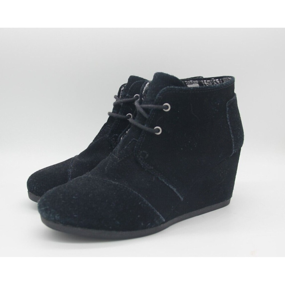Toms Desert Wedge Heel Ankle Boots Lace Up Black Suede Bootie Size 8 Women's